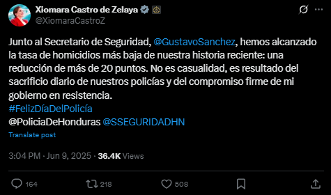 Sí, la tasa de homicidios en 2025 en Honduras se encuentra en su punto más bajo desde hace dos décadas