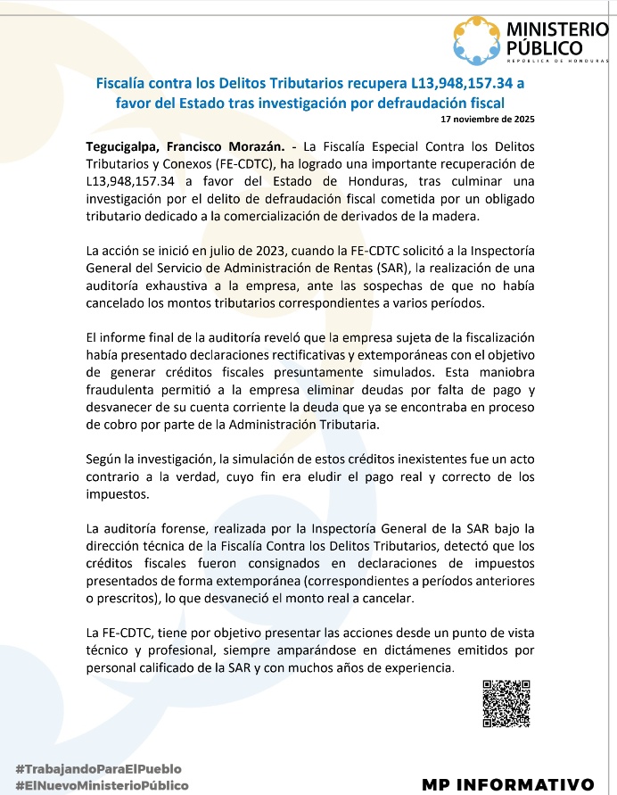 Si, el Ministerio Publico realizó la recuperación de mas de 13 millones de Lempiras en favor del Estado de Honduras