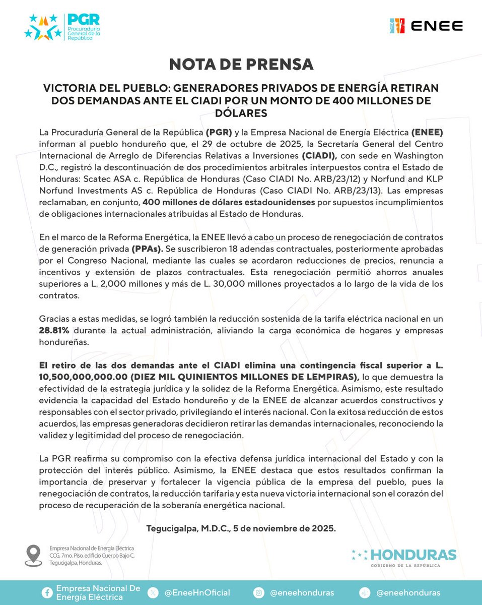 Si, dos generadoras privadas retiran demanda de 400 millones contra Honduras ante el CIADI.