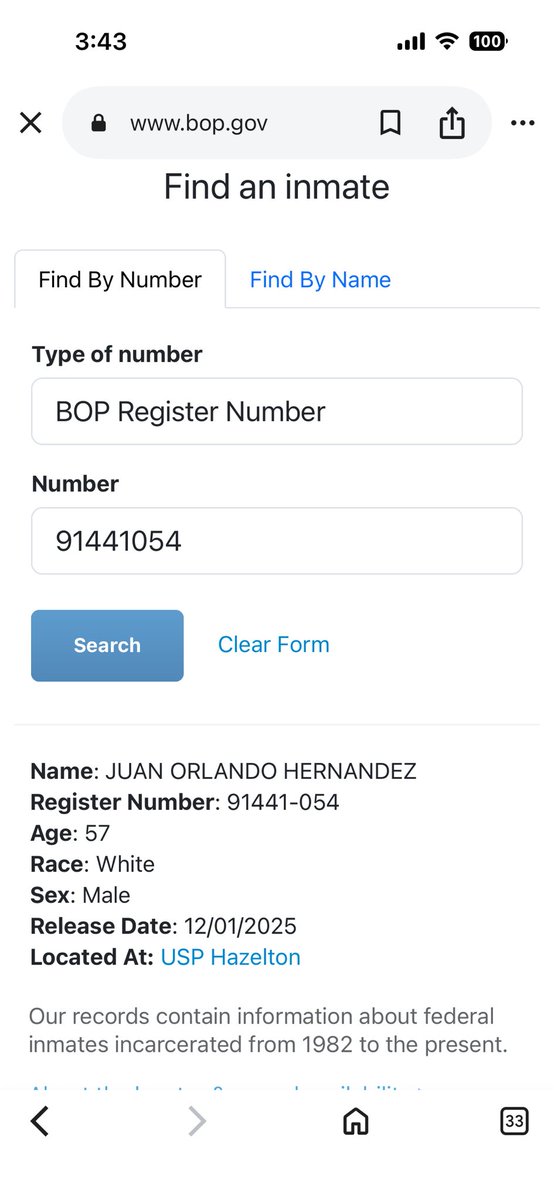 Si, esta es la página oficial del BOP con el perfil de Juan Orlando Hernández.