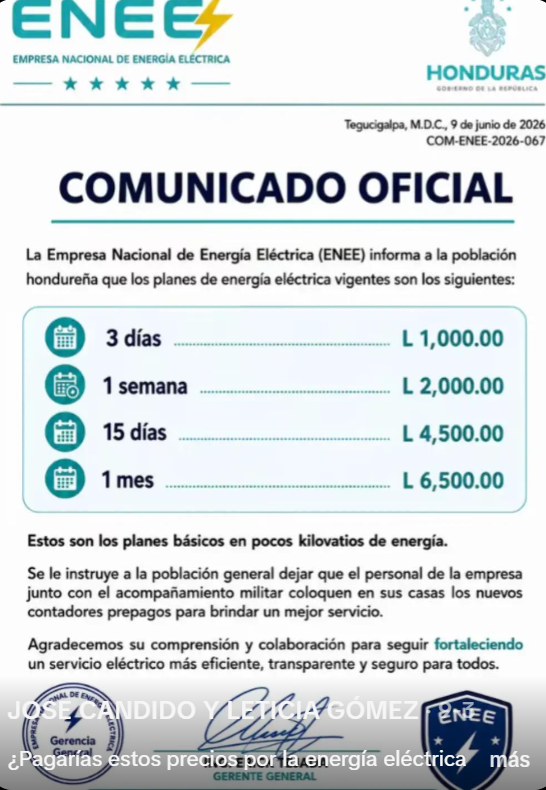 No, ENEE no anunció nuevos precios para planes de energía prepago
